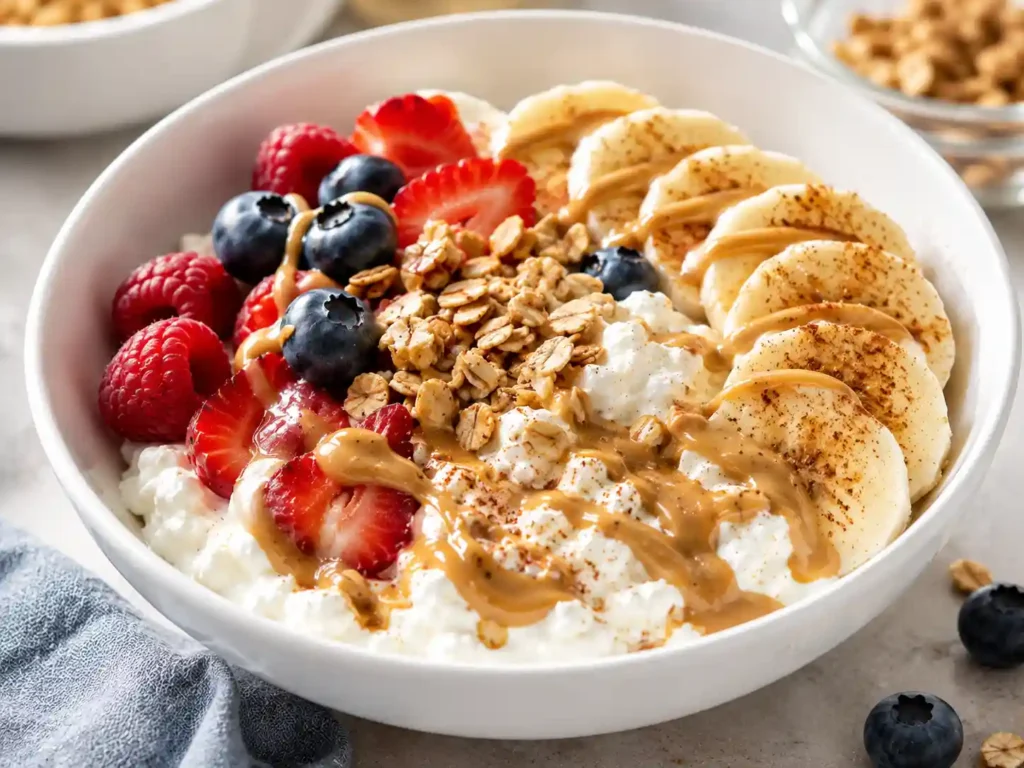 Cottage cheese banana peanut butter bowl with cinnamon and granola