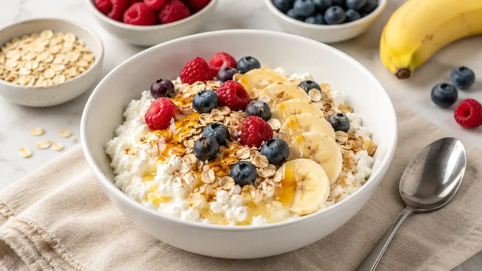 Cottage cheese breakfast bowl topped with berries, banana, oats, and cinnamon in a white bowl.