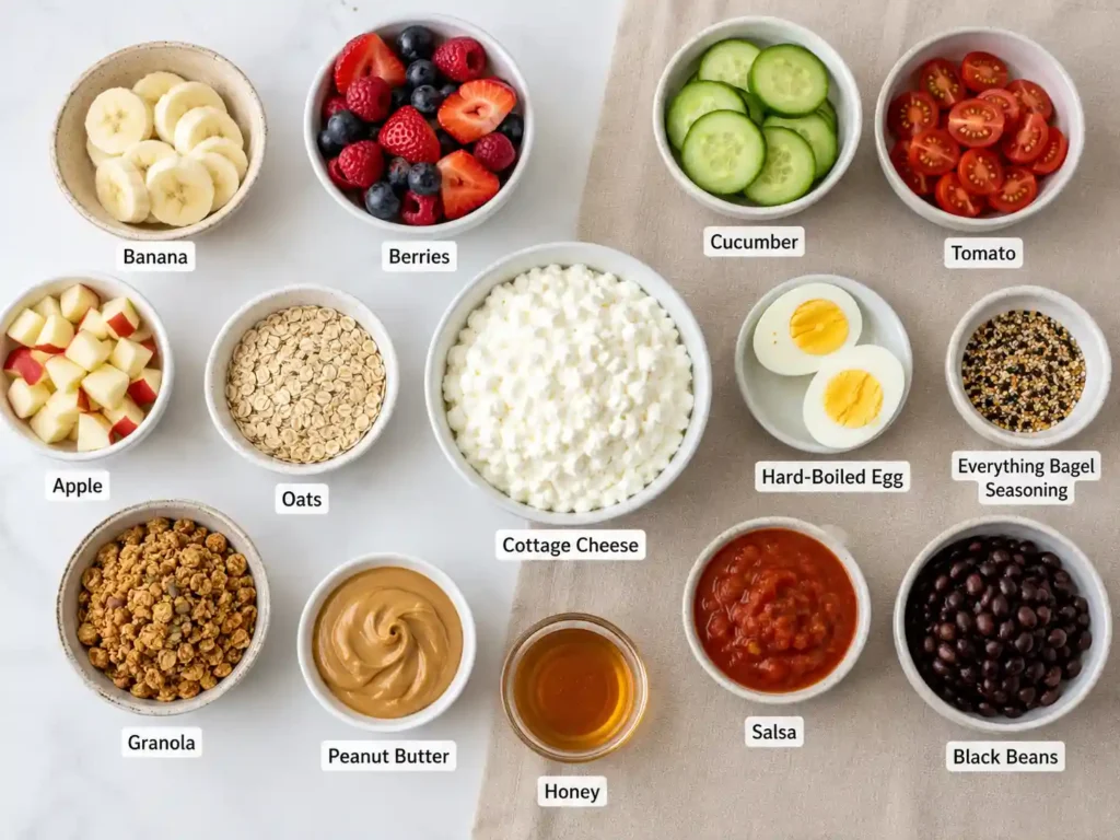 Labeled ingredients for a cottage cheese breakfast bowl including cottage cheese, fruit, oats, egg, vegetables, and seasonings.