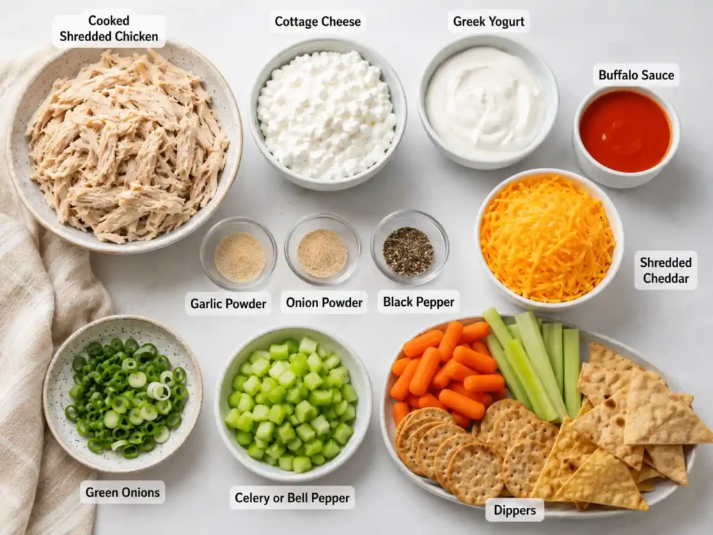 Labeled ingredients for cottage cheese buffalo chicken dip including cooked chicken, cottage cheese, Greek yogurt, buffalo sauce, cheddar, garlic powder, onion powder, green onions, and dippers.