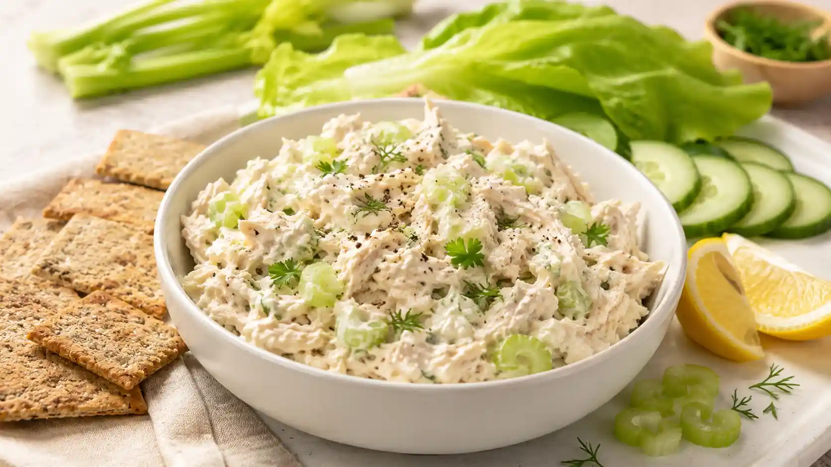Creamy cottage cheese chicken salad in a white bowl with crackers, lettuce, cucumber, celery, herbs, and lemon.