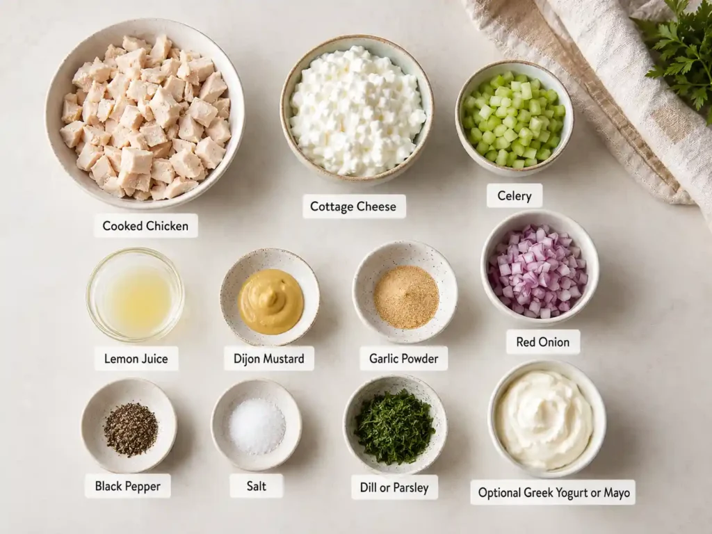 Labeled ingredients for cottage cheese chicken salad including cooked chicken, cottage cheese, celery, onion, lemon juice, Dijon, herbs, and seasonings.