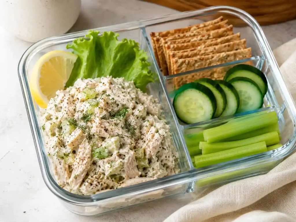 Cottage cheese chicken salad packed in a divided lunch container with crackers, cucumber, lettuce, celery, and lemon.