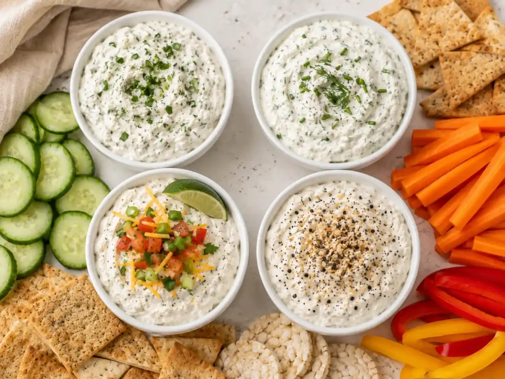 Four cottage cheese protein dip variations including garlic herb, ranch, taco, and everything bagel.