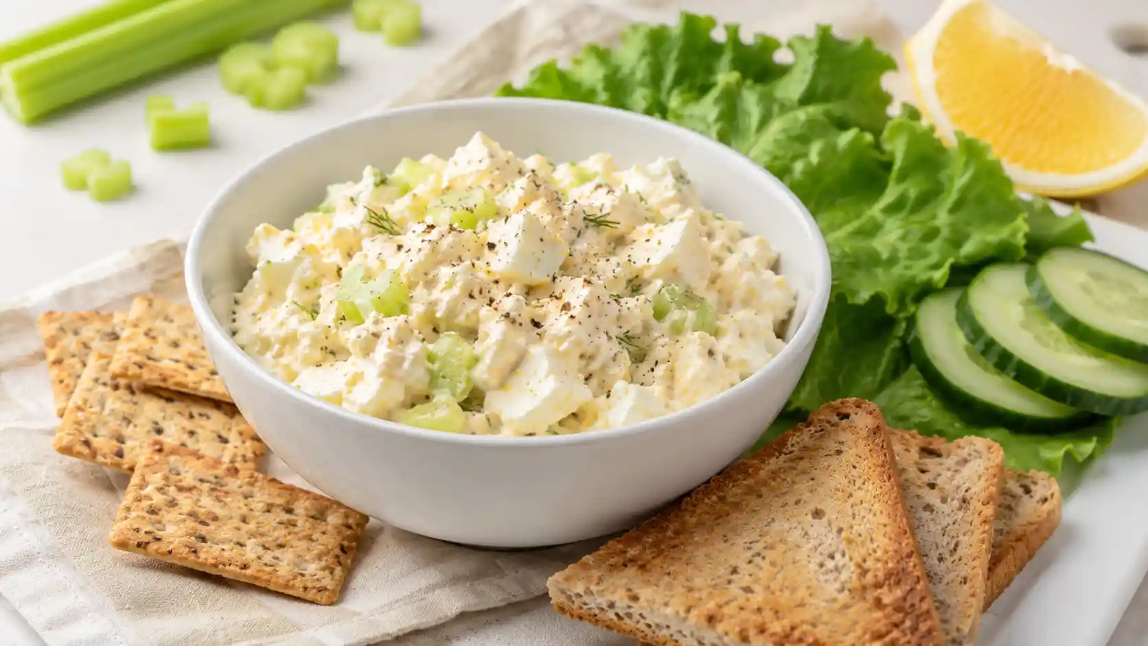 Creamy cottage cheese egg salad in a white bowl with crackers, toast, lettuce, cucumber, celery, herbs, and lemon.