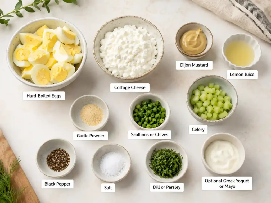 Labeled ingredients for cottage cheese egg salad including hard-boiled eggs, cottage cheese, celery, scallions, lemon juice, Dijon, herbs, and seasonings.