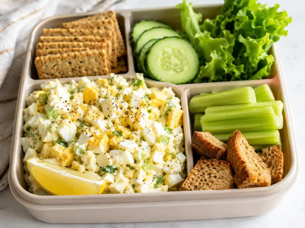 Cottage cheese egg salad packed in a divided lunch container with crackers, cucumber, celery, lettuce, toast, and lemon.