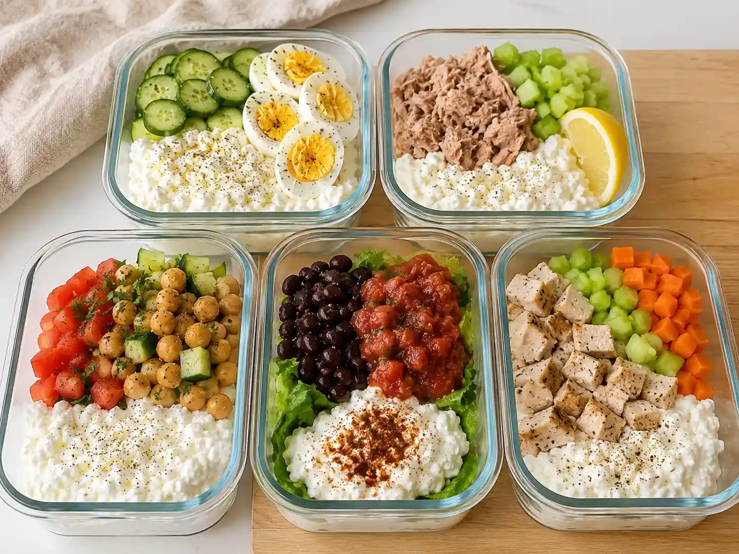 Five cottage cheese meal prep lunch variations with eggs, tuna, chickpeas, taco toppings, and chicken salad style vegetables.