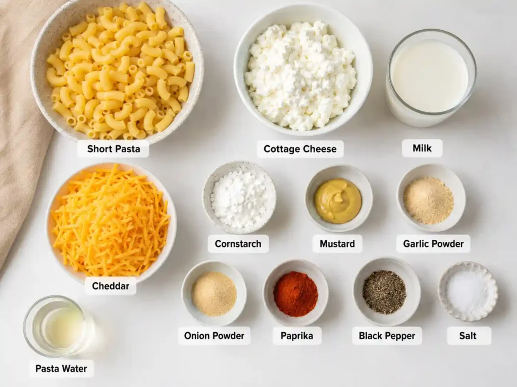 Labeled ingredients for cottage cheese mac and cheese including pasta, cottage cheese, milk, cheddar, cornstarch, mustard, and seasonings.