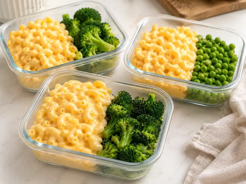 Cottage cheese mac and cheese packed in meal prep containers with broccoli on the side.