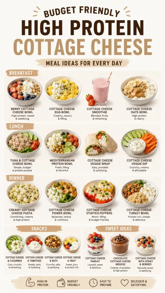 Chart of cottage cheese meal prep ideas for breakfast lunch snacks and dinner