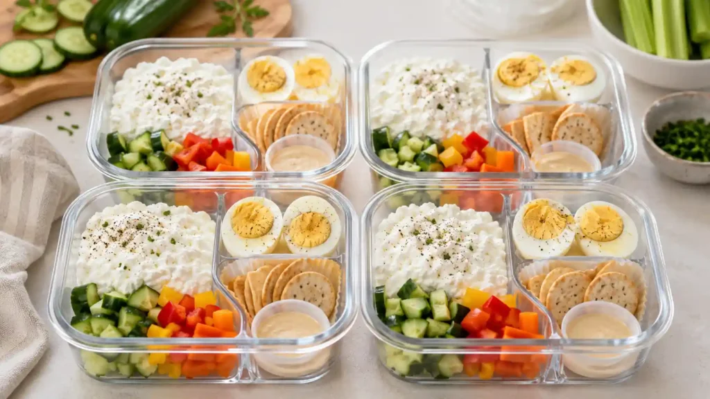 Meal prep containers being assembled with cottage cheese, eggs, vegetables, crackers, and sauce cups kept separate.