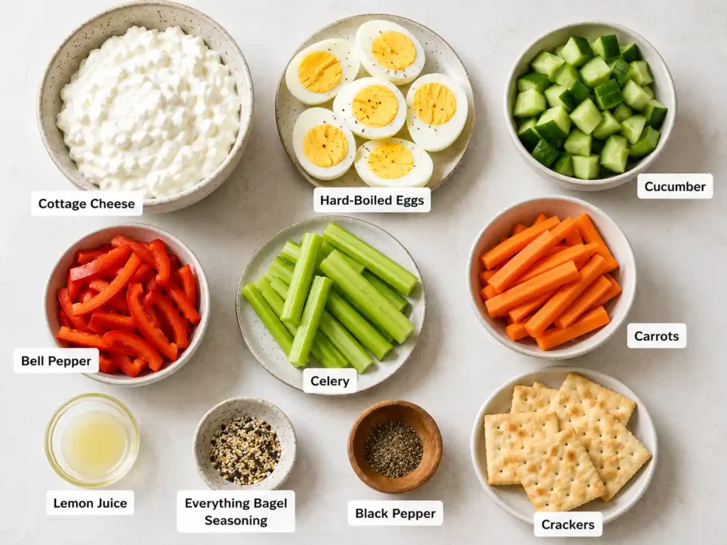 Labeled ingredients for cottage cheese meal prep lunch boxes including cottage cheese, eggs, cucumber, bell pepper, carrots, celery, lemon, seasoning, and crackers.