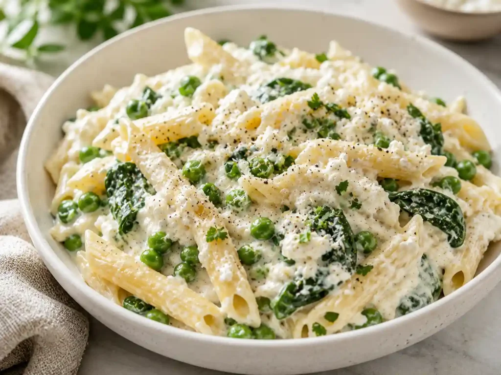 Creamy cottage cheese pasta sauce with vegetables in a bowl