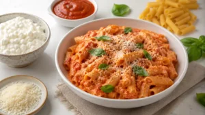 Creamy cottage cheese pasta sauce tossed with short pasta, parmesan, and herbs in a white bowl.