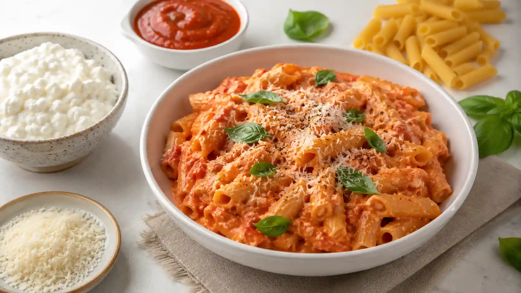 Creamy cottage cheese pasta sauce tossed with short pasta, parmesan, and herbs in a white bowl.