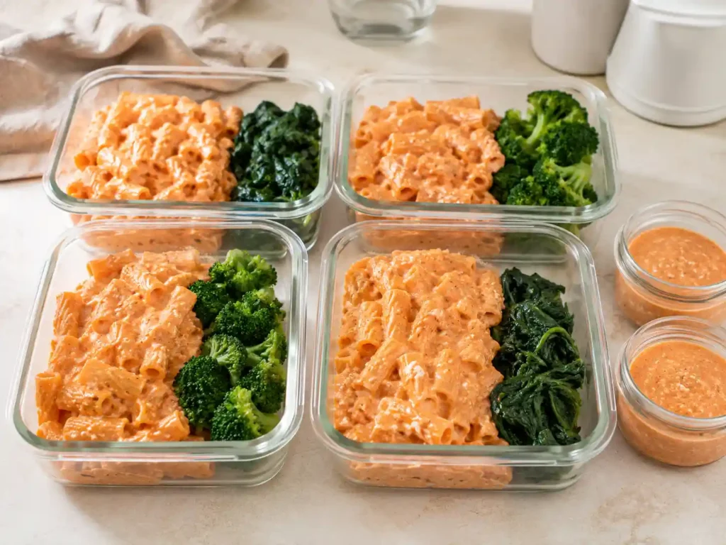 Cottage cheese pasta sauce portioned in meal prep containers with pasta and vegetables.