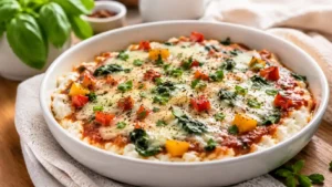 Cottage cheese pizza bowl with marinara, melted mozzarella, bell pepper, spinach, and herbs in a white ramekin.