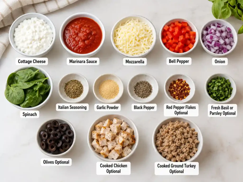 Labeled ingredients for cottage cheese pizza bowl including cottage cheese, marinara, mozzarella, vegetables, and seasonings.