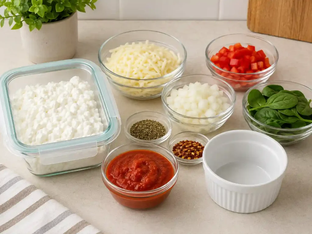 Cottage cheese pizza bowl ingredients prepped in containers for easy assembly later.