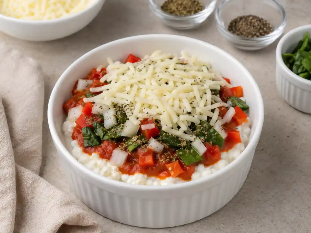 Cottage cheese pizza bowl being assembled in a microwave-safe ramekin with sauce, vegetables, and mozzarella.