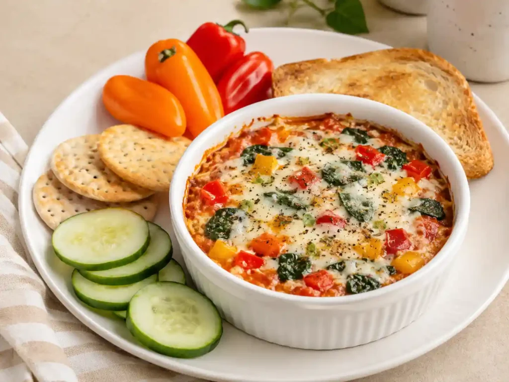 Cottage cheese pizza bowl served with crackers, cucumber slices, and mini bell peppers.