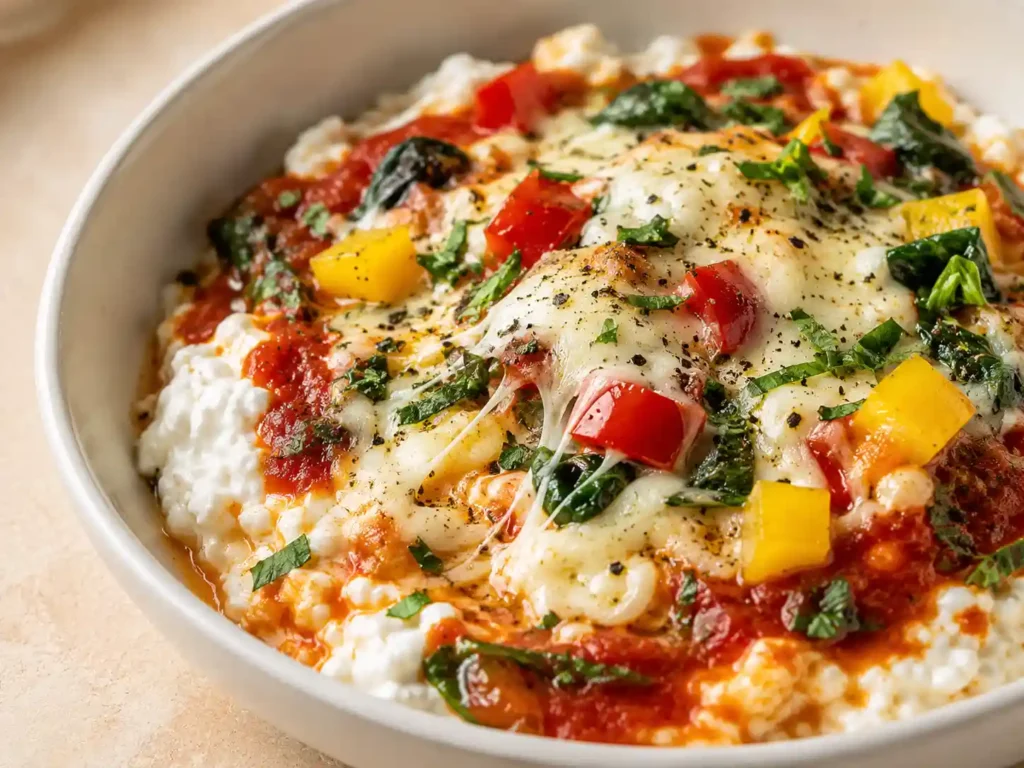 Close-up of creamy cottage cheese pizza bowl with melted mozzarella, marinara, spinach, and black pepper.