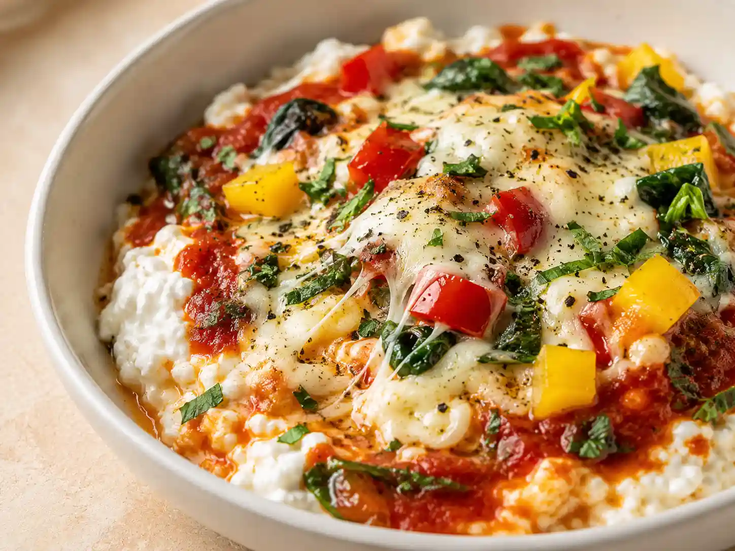 Close-up of creamy cottage cheese pizza bowl with melted mozzarella, marinara, spinach, and black pepper.