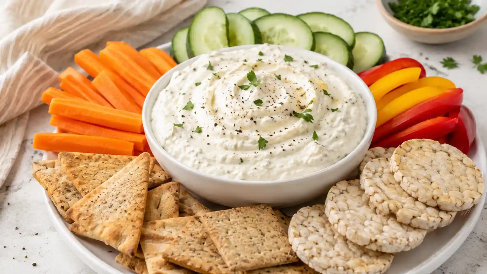 Smooth cottage cheese protein dip served with carrots, cucumber, bell peppers, crackers, and pita chips.