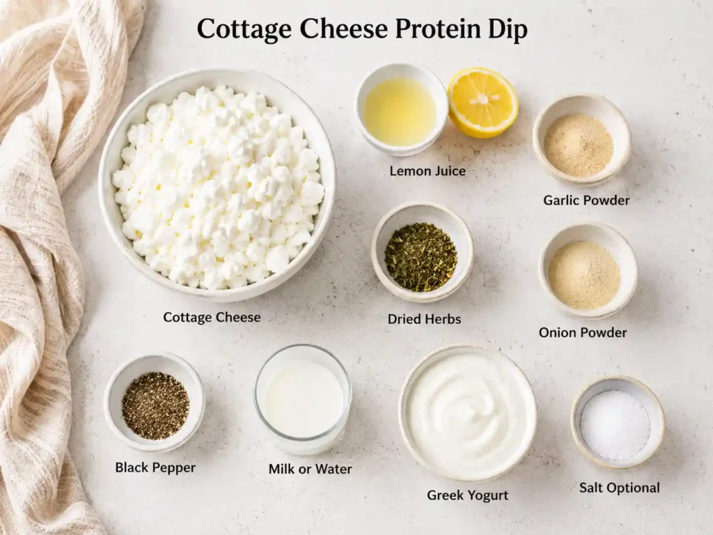 Labeled ingredients for cottage cheese protein dip including cottage cheese, lemon juice, garlic powder, onion powder, herbs, pepper, milk, and Greek yogurt.