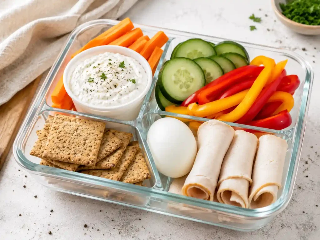 Meal prep snack box with cottage cheese protein dip, vegetables, crackers, boiled egg, and turkey slices.