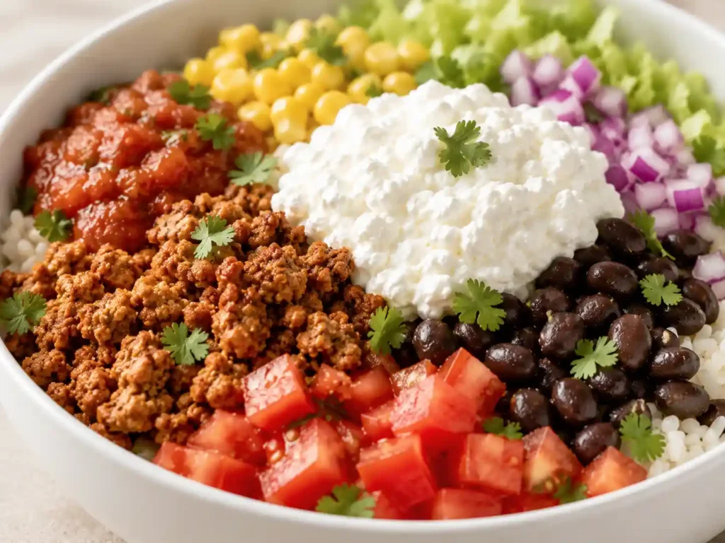 Close-up of cottage cheese taco bowl with creamy cottage cheese, taco meat, salsa, black beans, corn, and cilantro.