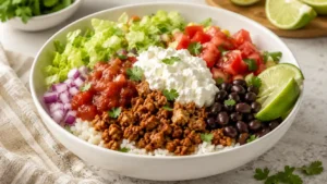 Cottage cheese taco bowl with rice, taco meat, black beans, salsa, lettuce, tomato, corn, lime, and cilantro.