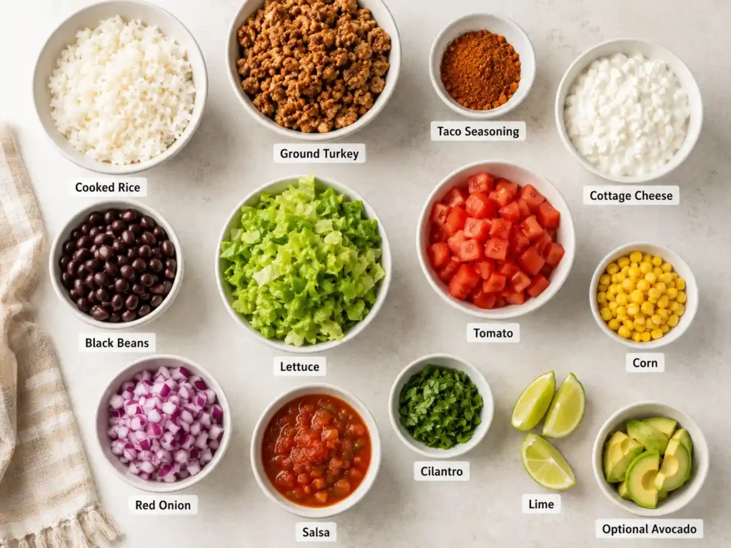 Labeled ingredients for cottage cheese taco bowl including rice, ground turkey, cottage cheese, black beans, salsa, lettuce, tomato, corn, onion, cilantro, lime, and taco seasoning.