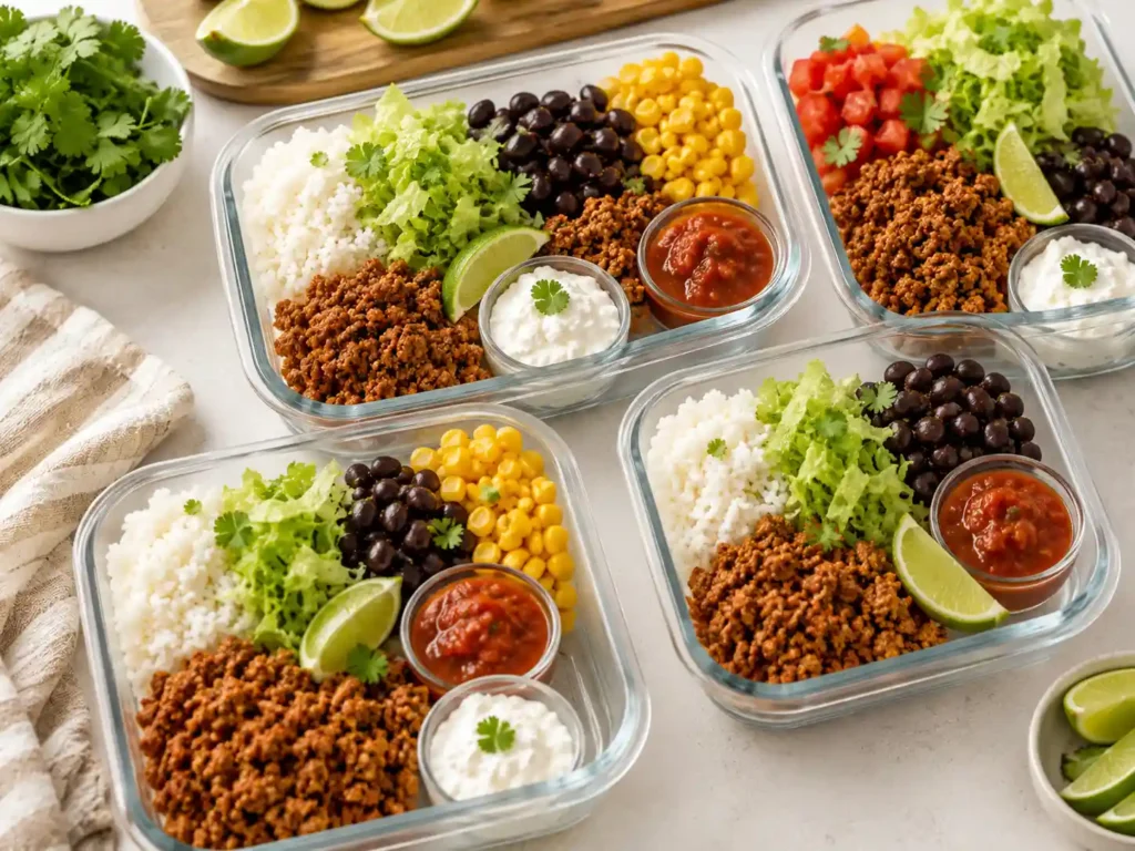 Meal prep containers with cottage cheese taco bowl components including rice, taco meat, beans, salsa, lettuce, tomato, corn, and cottage cheese.