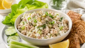 Creamy cottage cheese tuna salad in a white bowl with crackers, lettuce, cucumber, celery, lemon, and fresh herbs.