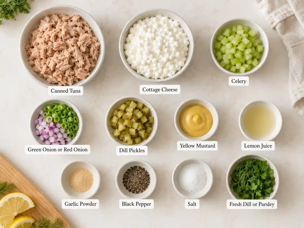 Labeled ingredients for cottage cheese tuna salad including tuna, cottage cheese, celery, onion, pickles, mustard, lemon juice, garlic powder, salt, pepper, and herbs.