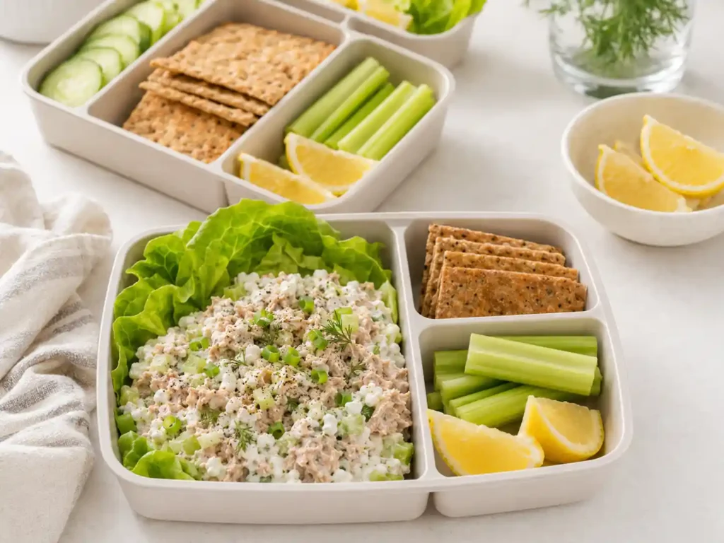 Cottage cheese tuna salad packed in meal prep containers with crackers, cucumber, lettuce, celery, and lemon.