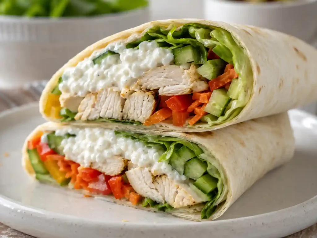 Close-up of a cottage cheese wrap with creamy cottage cheese, chicken, lettuce, cucumber, and carrots.