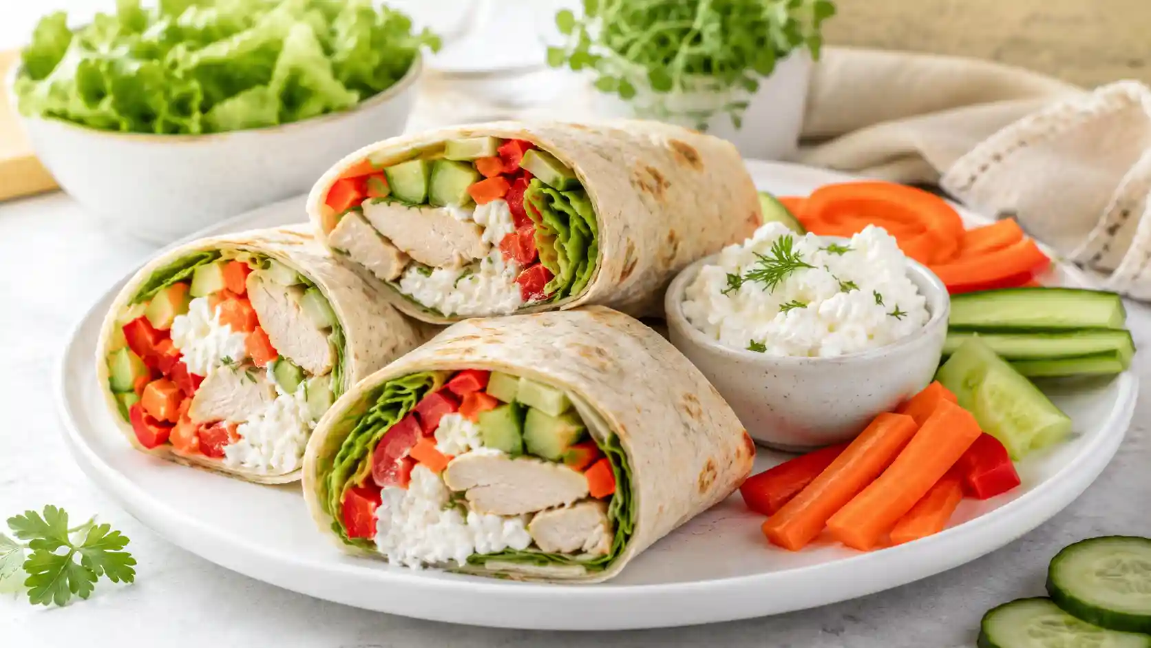 Cottage cheese wraps filled with chicken, vegetables, and creamy cottage cheese on a bright lunch plate.