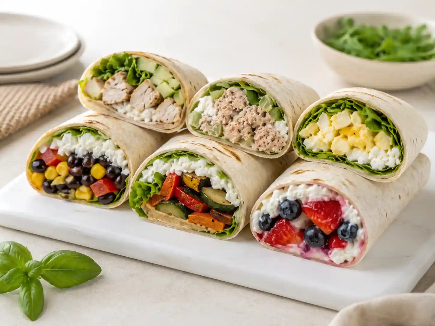 A variety of cottage cheese wraps with chicken, tuna, egg, beans, and vegetables.