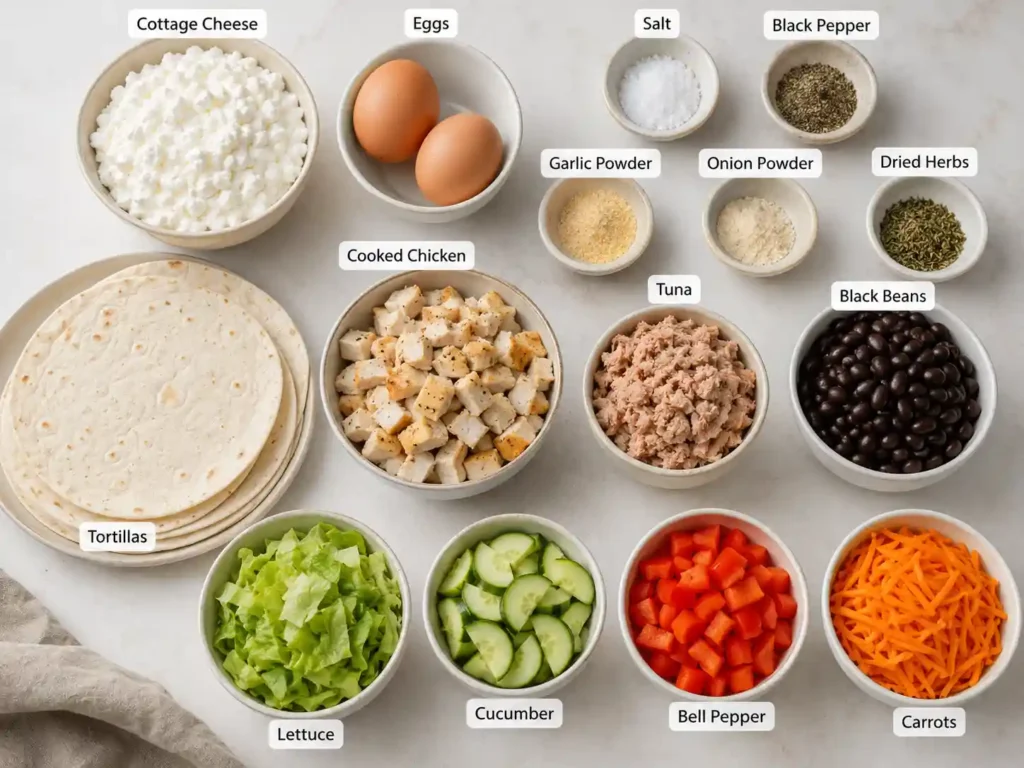Labeled ingredients for cottage cheese wraps including cottage cheese, eggs, tortillas, chicken, tuna, beans, and vegetables.