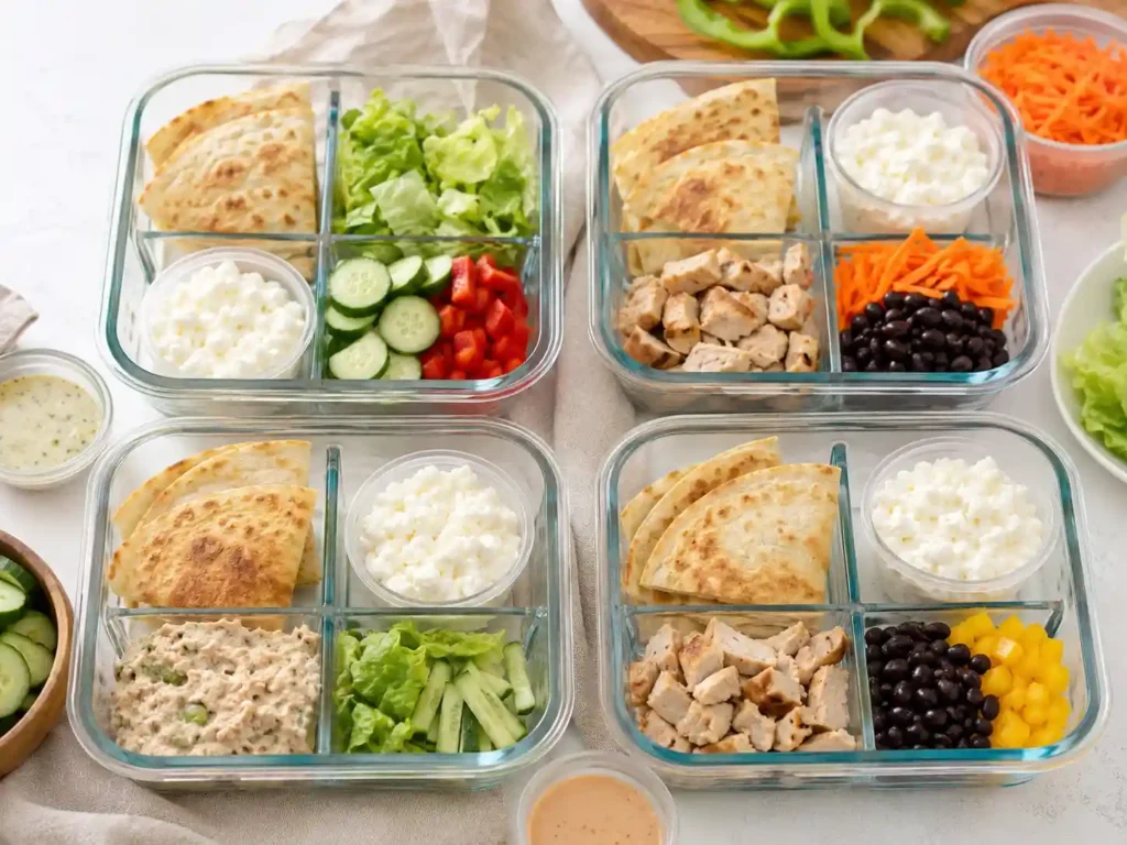 Meal prep containers with cottage cheese wrap ingredients packed separately.