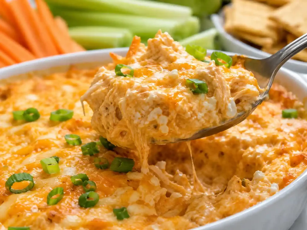 Close-up of creamy cottage cheese buffalo chicken dip with melted cheese and cooked shredded chicken.