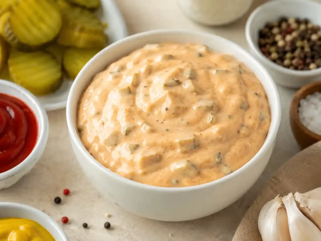 Creamy Greek yogurt burger sauce with ketchup, mustard, pickles, and seasonings in a small bowl.