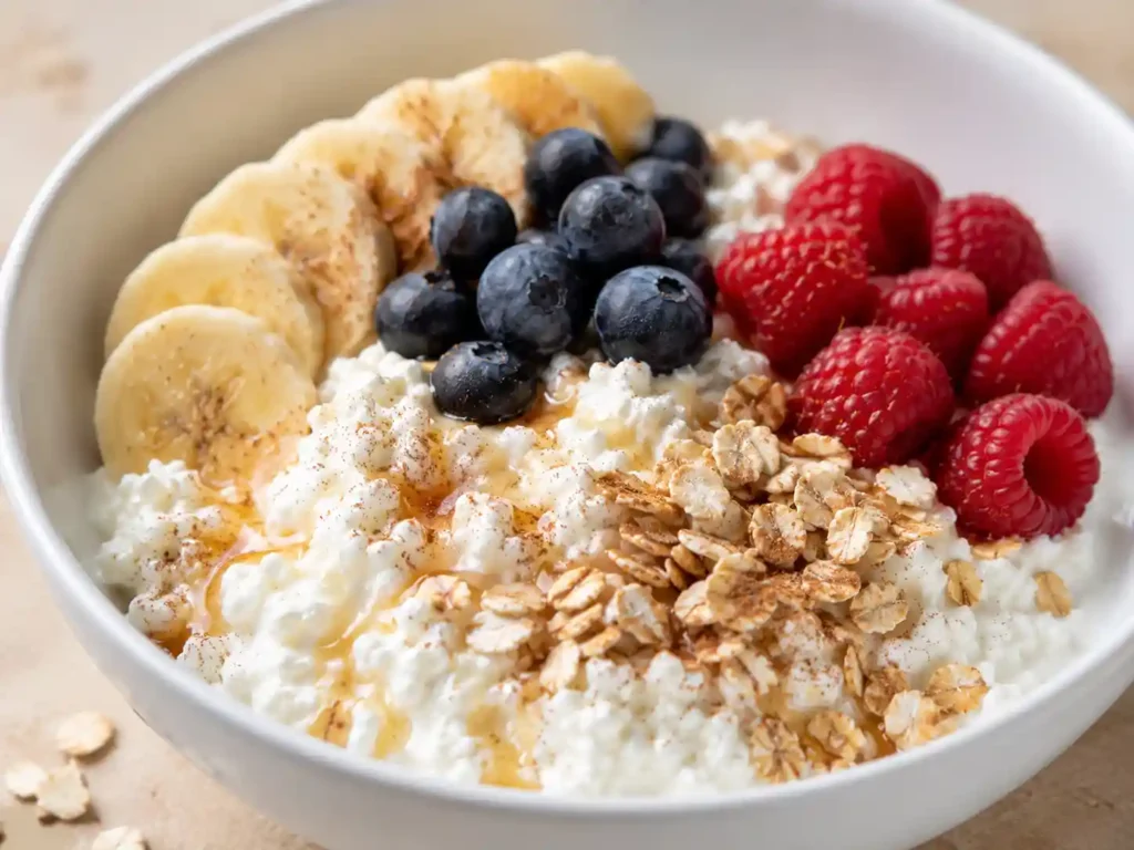 Close-up of creamy cottage cheese with berries, banana, oats, and cinnamon.