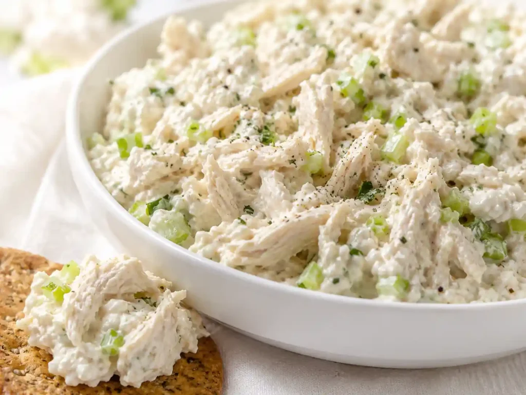 Close-up of creamy cottage cheese chicken salad showing shredded chicken, celery, herbs, and smooth dressing.