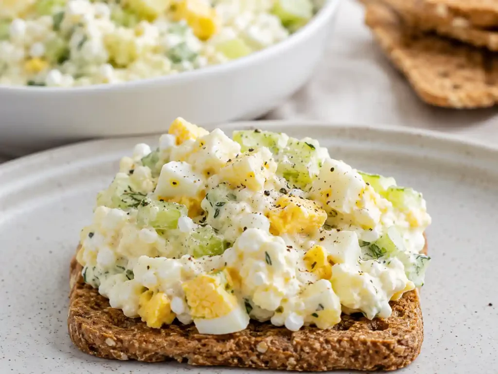 Close-up of creamy cottage cheese egg salad showing chopped eggs, celery, herbs, black pepper, and smooth dressing.