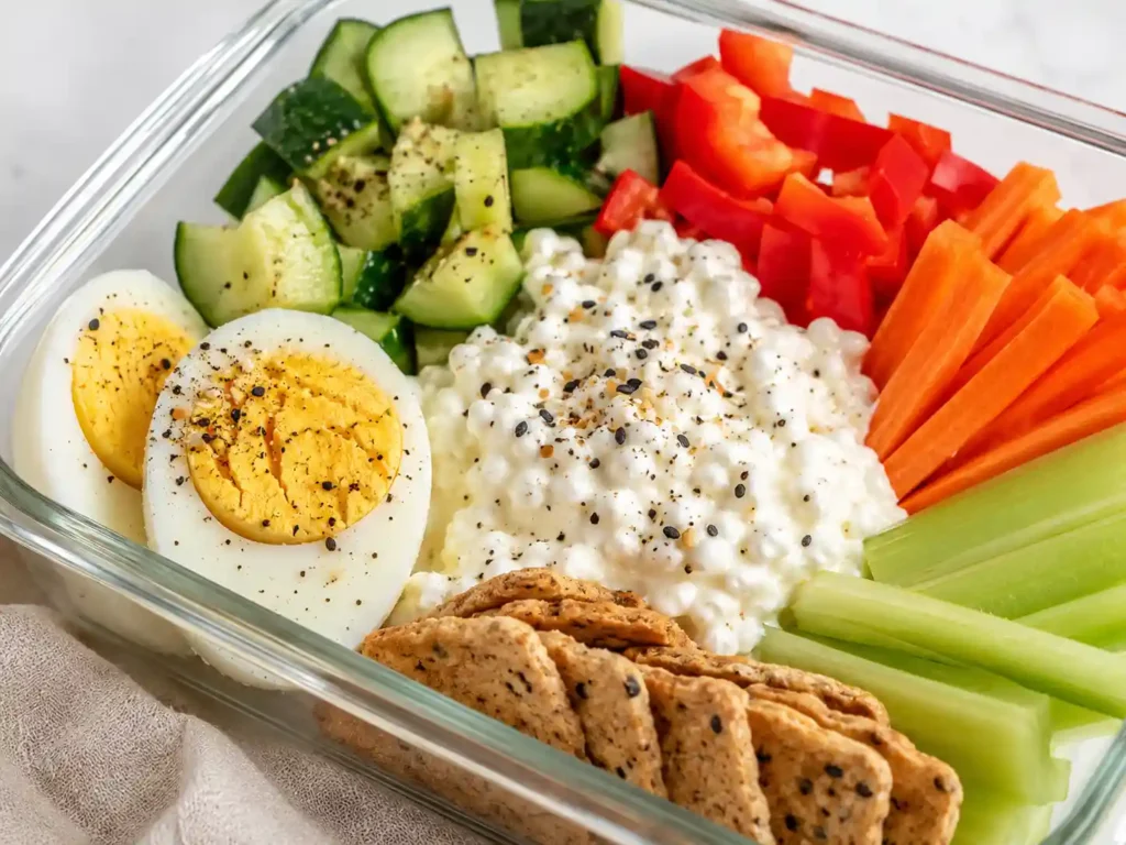 Close-up of creamy cottage cheese lunch box with eggs, cucumber, bell pepper, carrots, crackers, and seasoning.