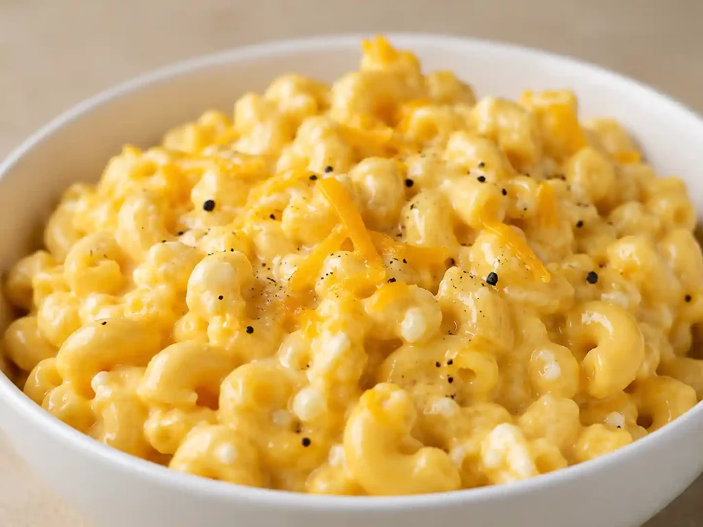 Close-up of creamy cottage cheese mac and cheese with smooth cheddar sauce coating short pasta.